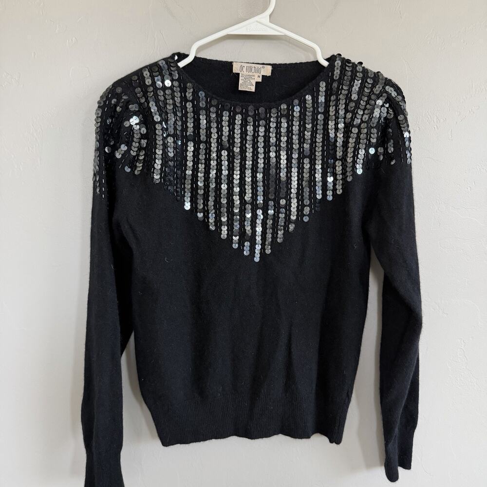 Vintage 80’s Lambswool Angora Women’s Sweater Small Black Sequins Shoulder Pads - Picture 10 of 12
